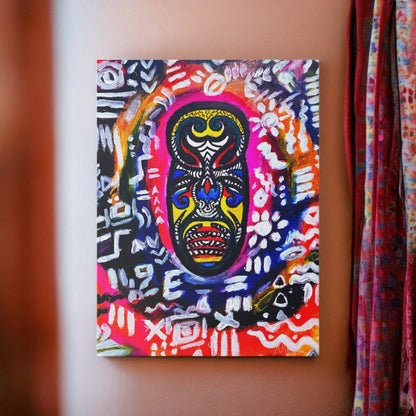 Artisan Tribal Mask Painting on Matte Stretched Canvas, Eco-Friendly Wall Art for Home Decor