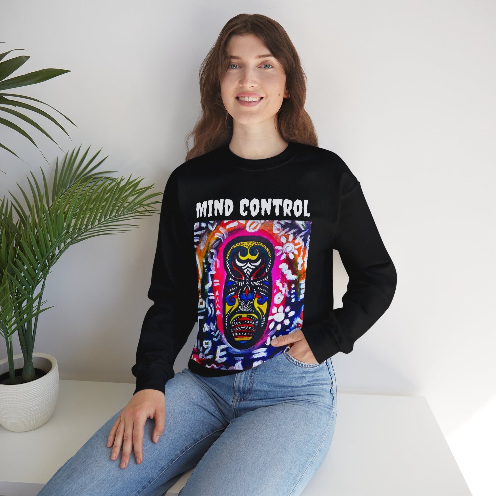 Tribal Mask Unisex Heavy Blend Crewneck Sweatshirt, Unique Quote on Back, Casual Wear, Artistic Gift, Ethically Made