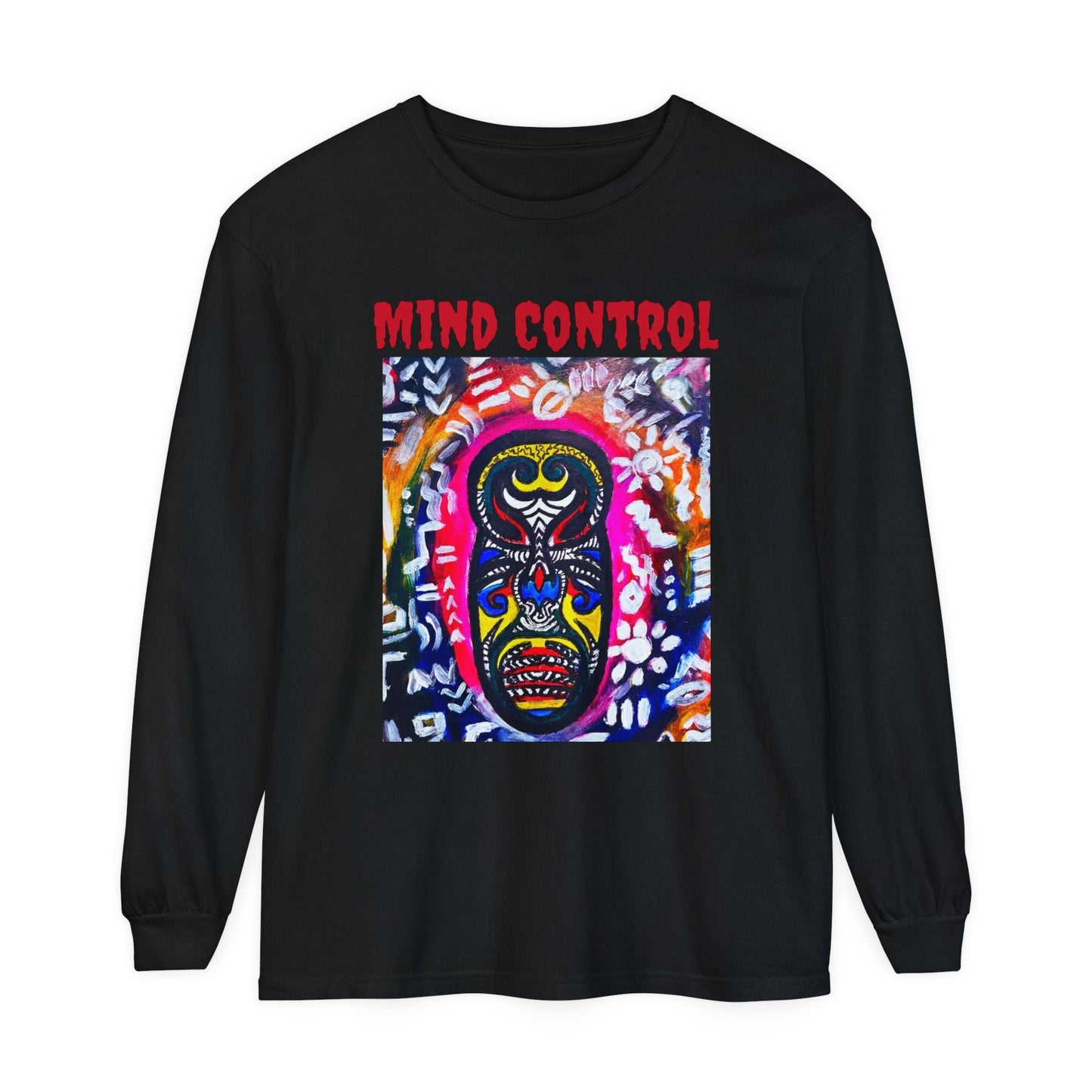 Relaxed Fit Long Sleeve T-Shirt with Handcrafted Tribal Mask Design