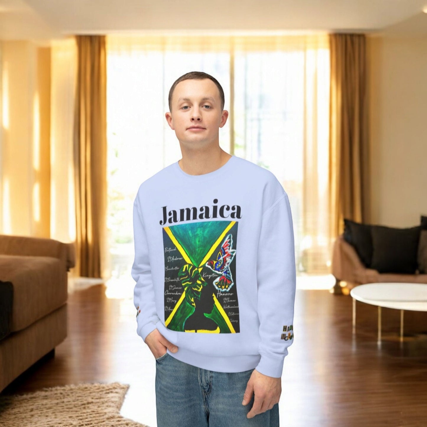 Jamaican Flag Art Crewneck Sweatshirt Unisex Casual Wear for Jamaica Lovers - Light Weight Fabric for Cozy Comfort