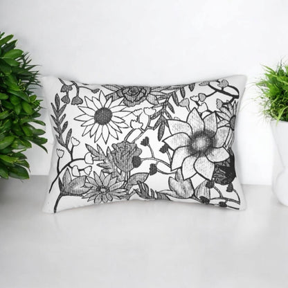 Black and White Elegant Hand Sketched Floral Art Lumbar Pillow