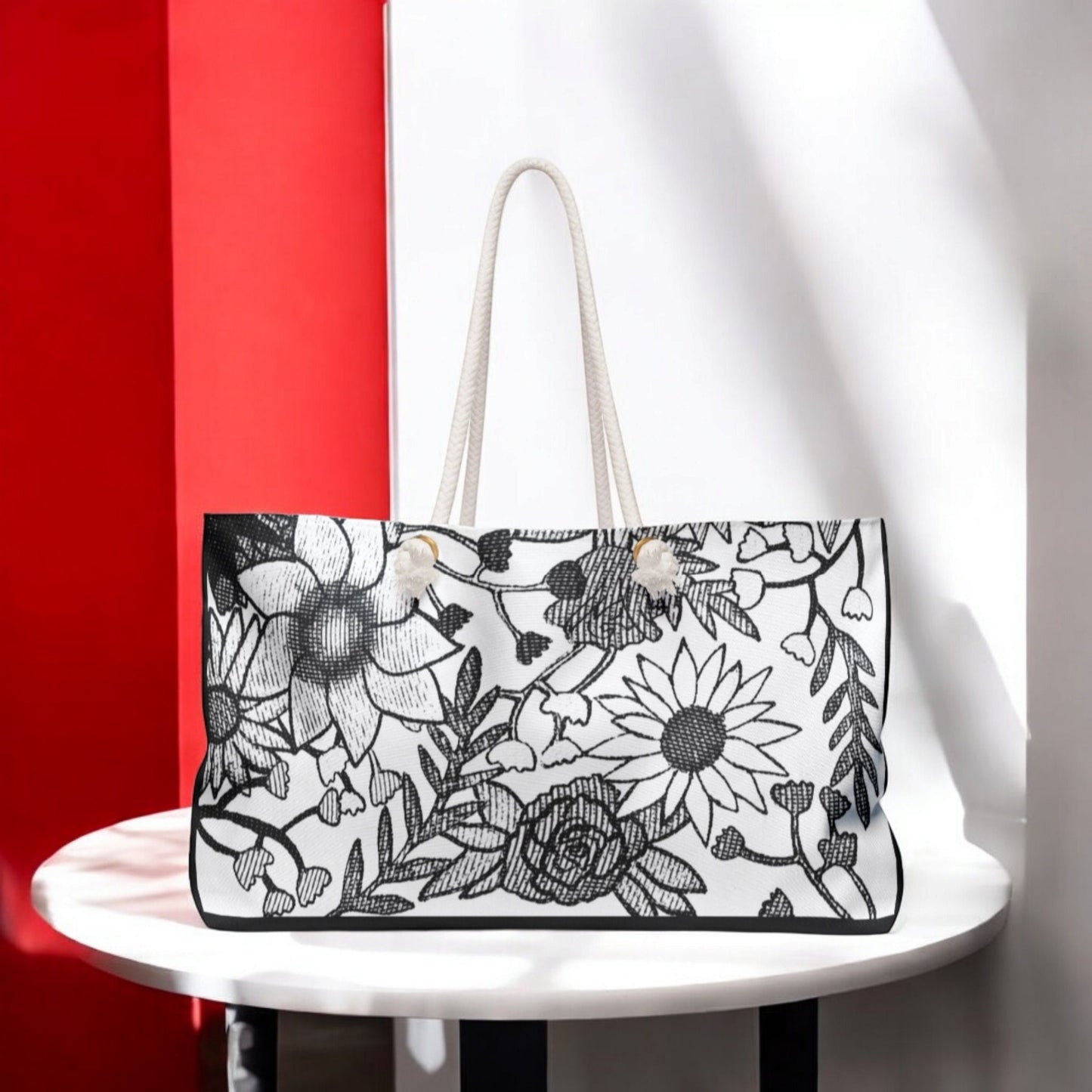 Black and White Hand Drawn Floral Art Weekender Bag