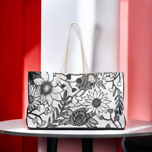 Black and White Hand Drawn Floral Art Weekender Bag