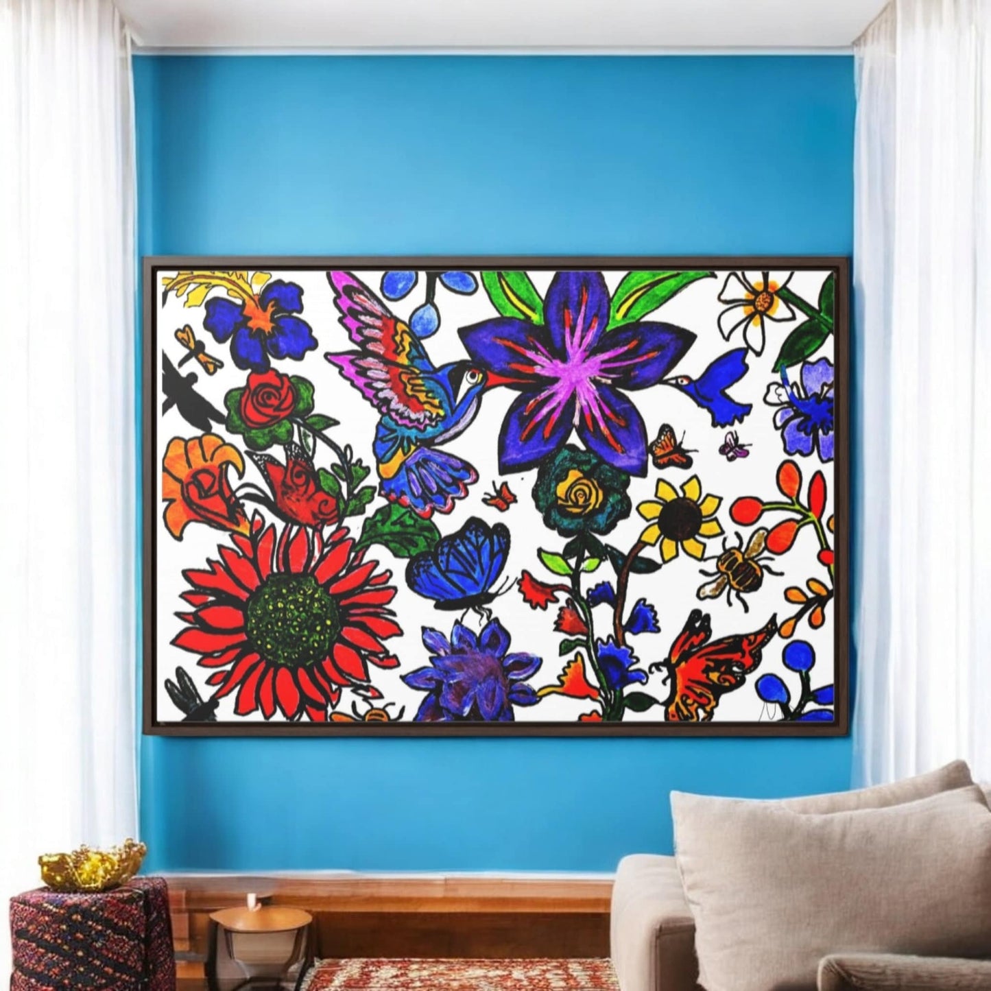 Nature Wall Art - Handcrafted Animal & Floral Canvas Wrap, Decorative Horizontal Frame