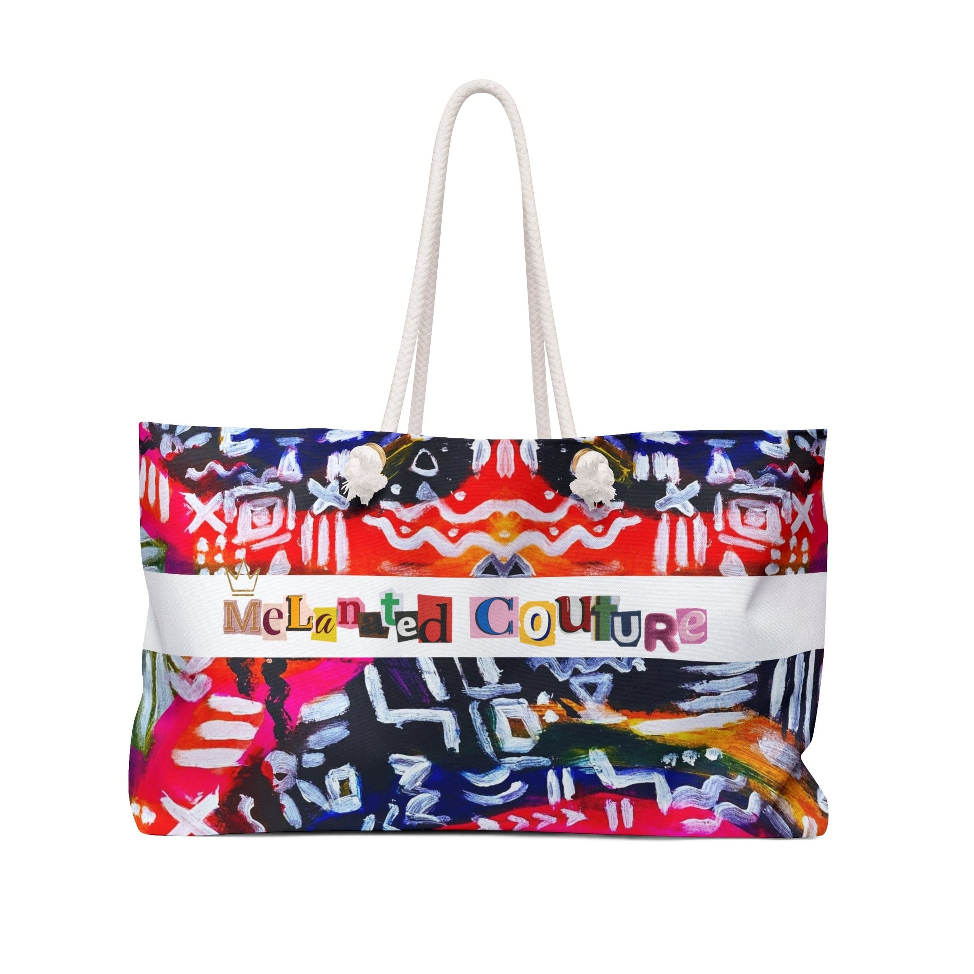 Colorful Tribal Patterned Weekender Bag, Oversized, Durable Tote with Rope Handles for Beach & City Getaways, Unique Travel Gift