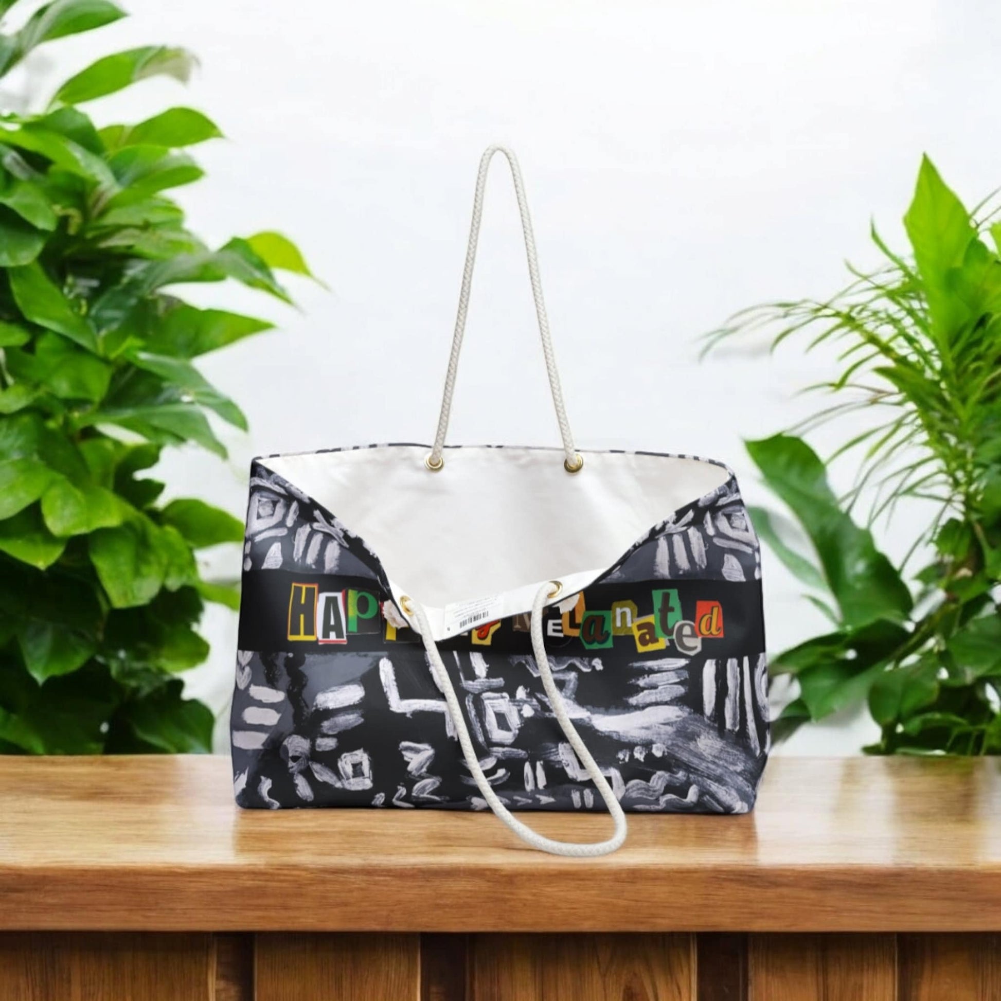 Tribal Patterned Weekender Bag, Oversized, Durable Tote with Rope Handles for Beach & City Getaways, Unique Travel Gift, Black and White