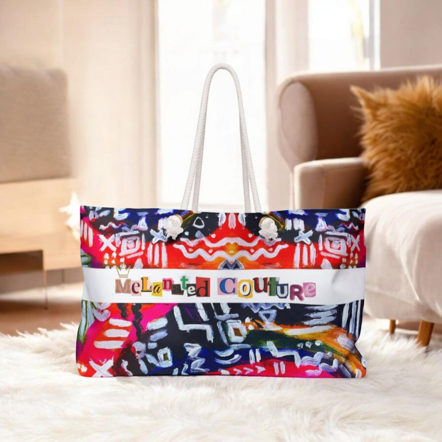 Colorful Tribal Patterned Weekender Bag, Oversized, Durable Tote with Rope Handles for Beach & City Getaways, Unique Travel Gift