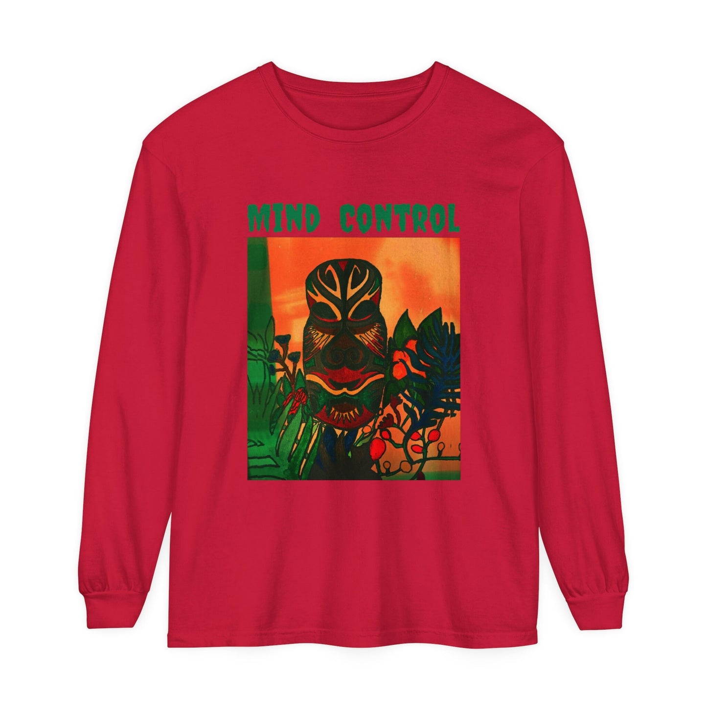 Tribal Mask Design on Unisex Garment-dyed Long Sleeve T-Shirt