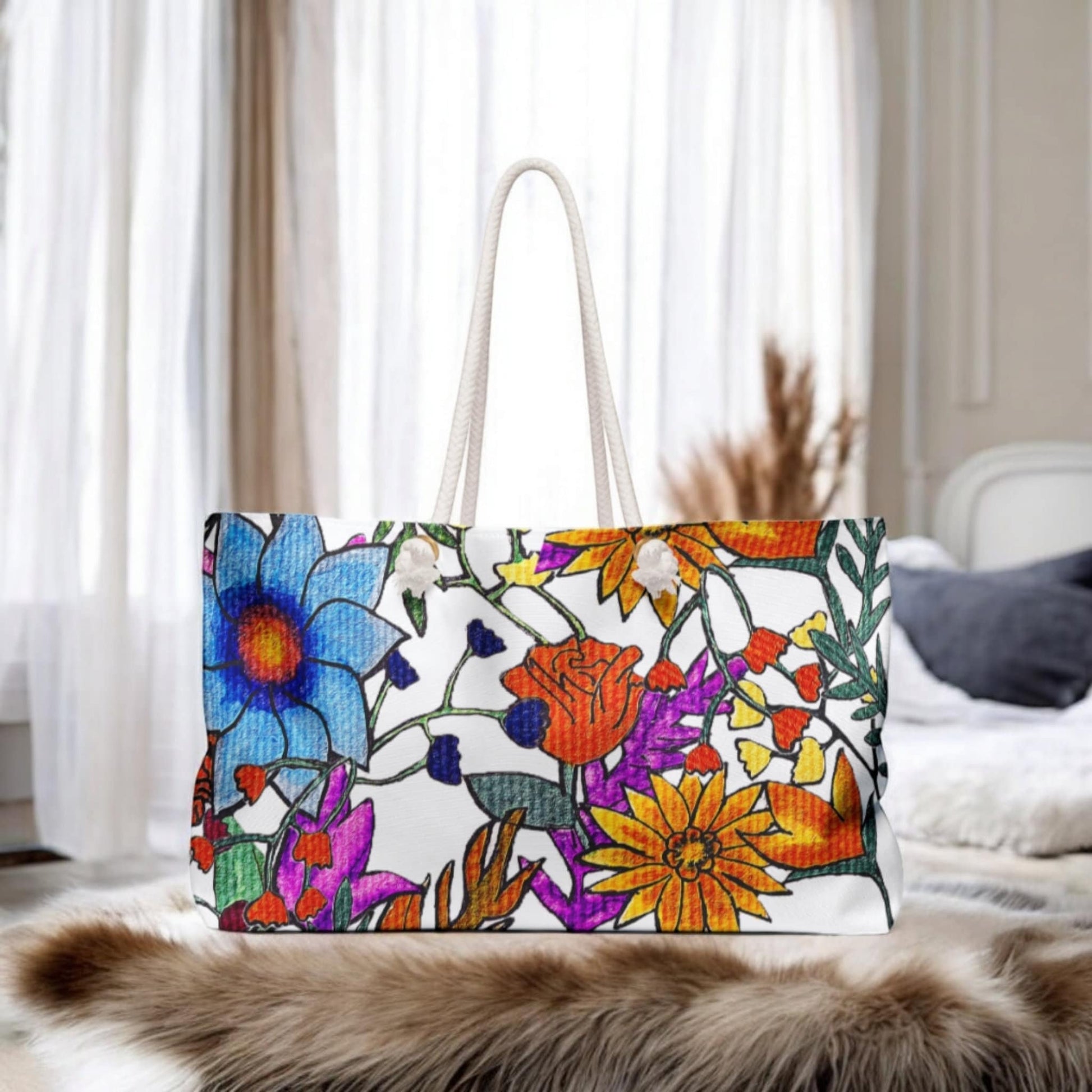 Autumn Themed Hand Drawn Floral Weekender Bag - Chic & Sturdy with Thick Rope Handle, Perfect for Weekend Getaways - Unique Gift for Her