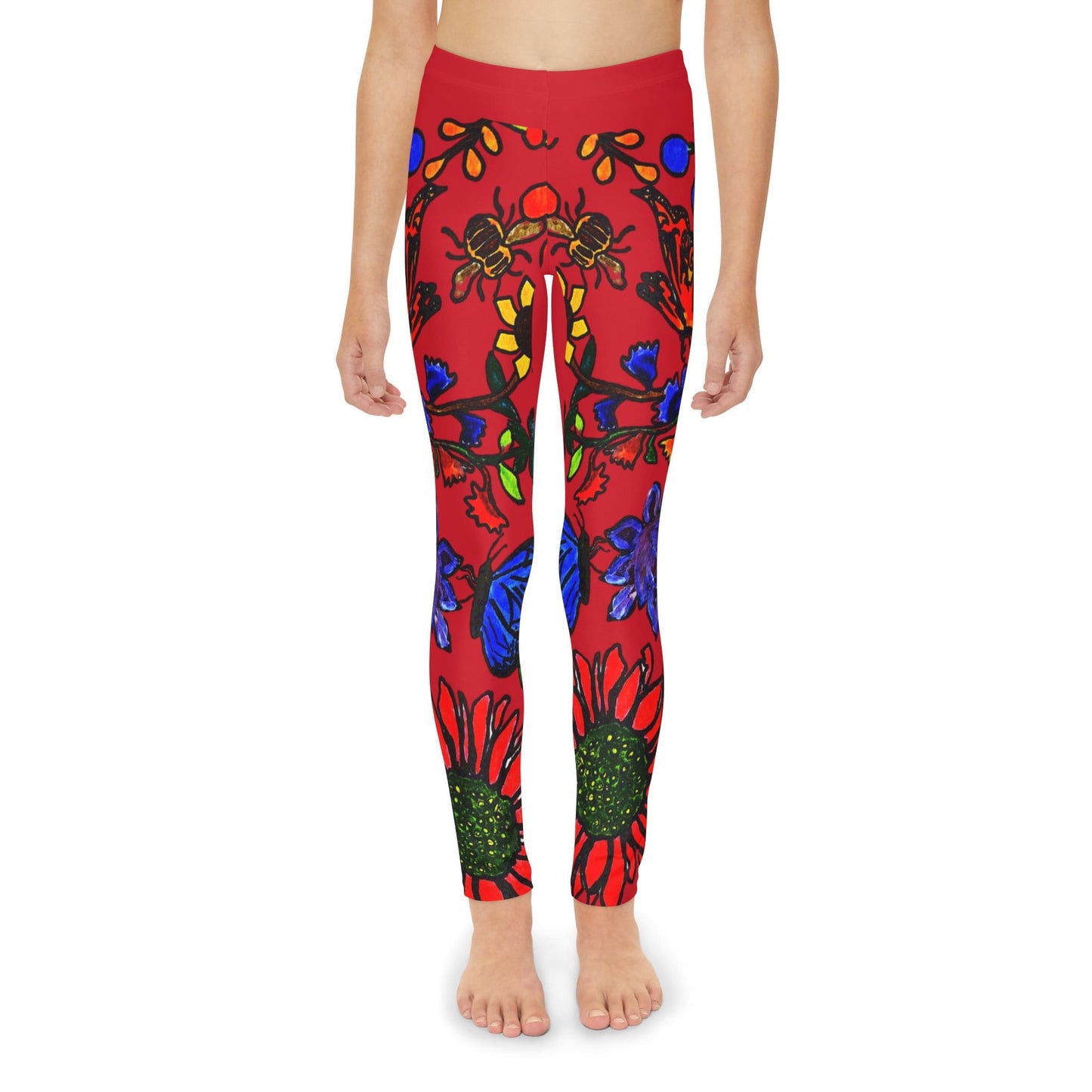 Hand Drawn Floral Art Youth Full-Length Leggings - Comfortable Stretchy with Elastic Waistband