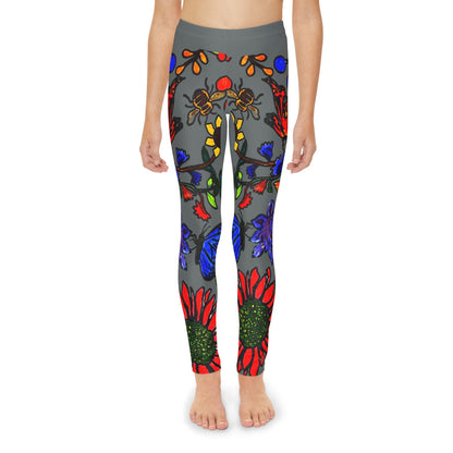 Hand Drawn Floral Art on Youth Full-Length Leggings - Comfortable Soft and Stretchy Childrens Leggings with Elastic Waistband