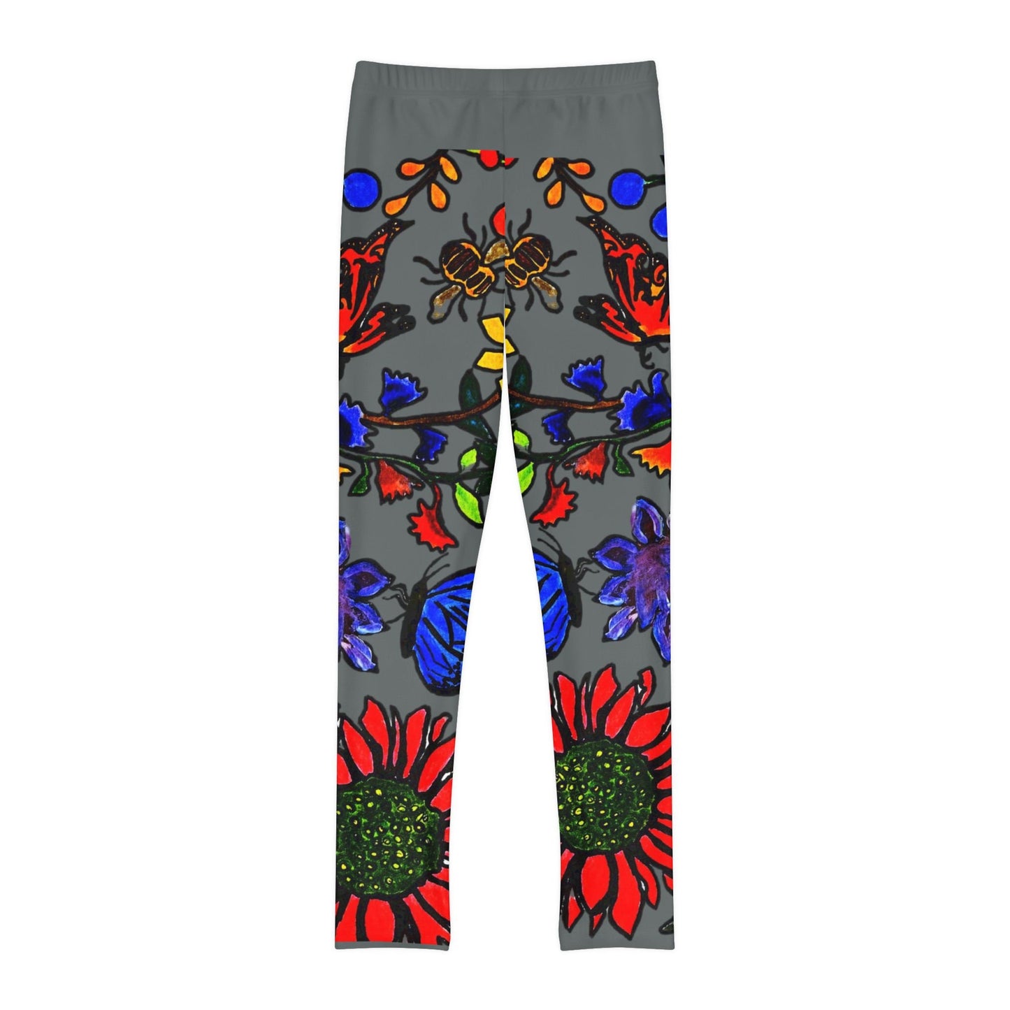 Hand Drawn Floral Art on Youth Full-Length Leggings - Comfortable Soft and Stretchy Childrens Leggings with Elastic Waistband