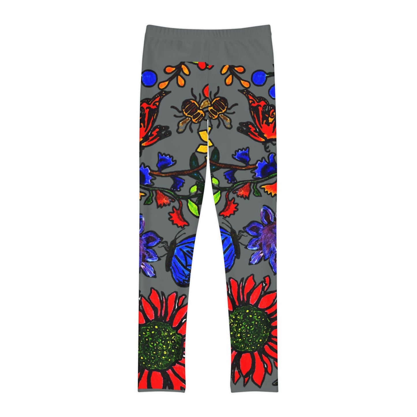 Hand Drawn Floral Art on Youth Full-Length Leggings - Comfortable Soft and Stretchy Childrens Leggings with Elastic Waistband