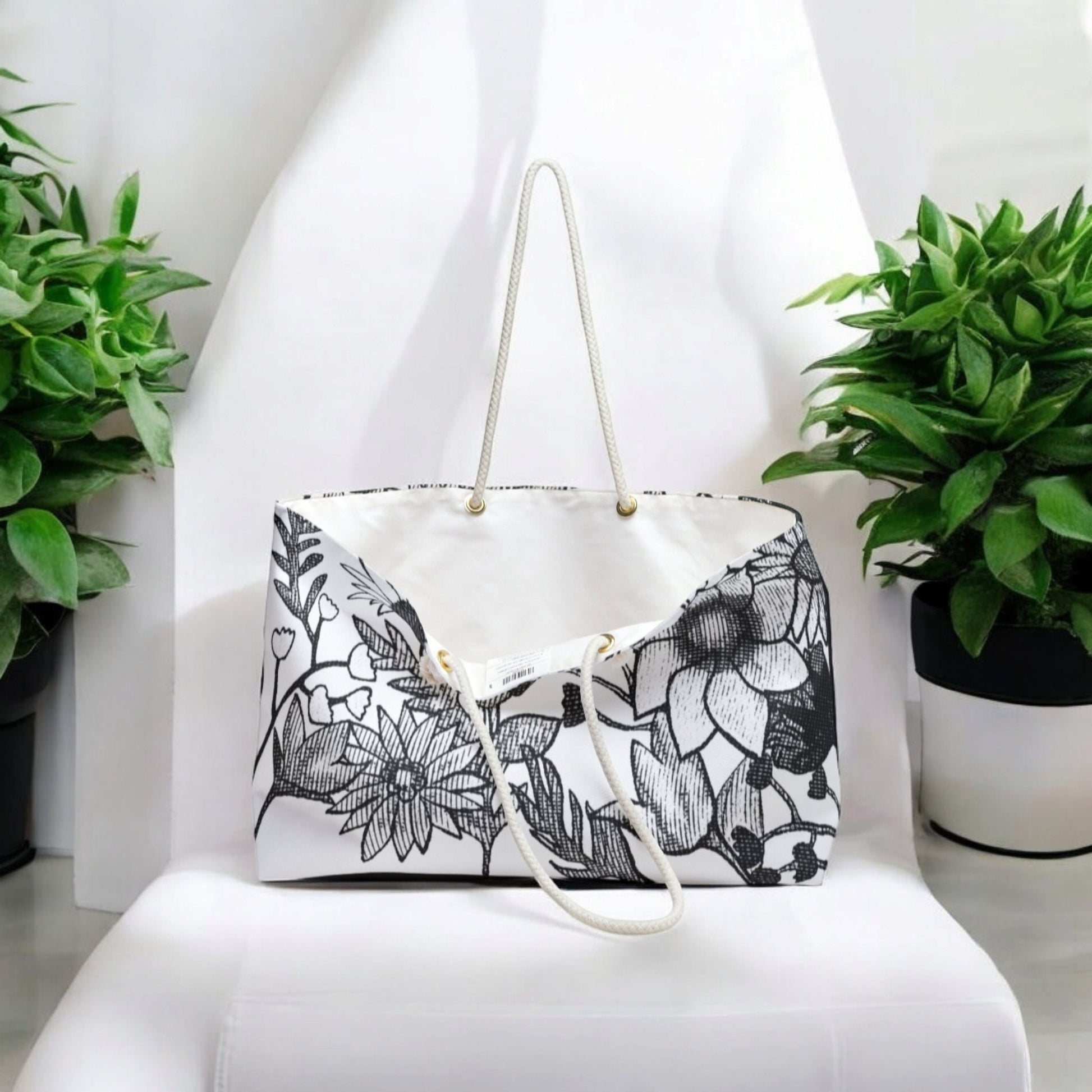 Black and White Hand Drawn Floral Art Weekender Bag