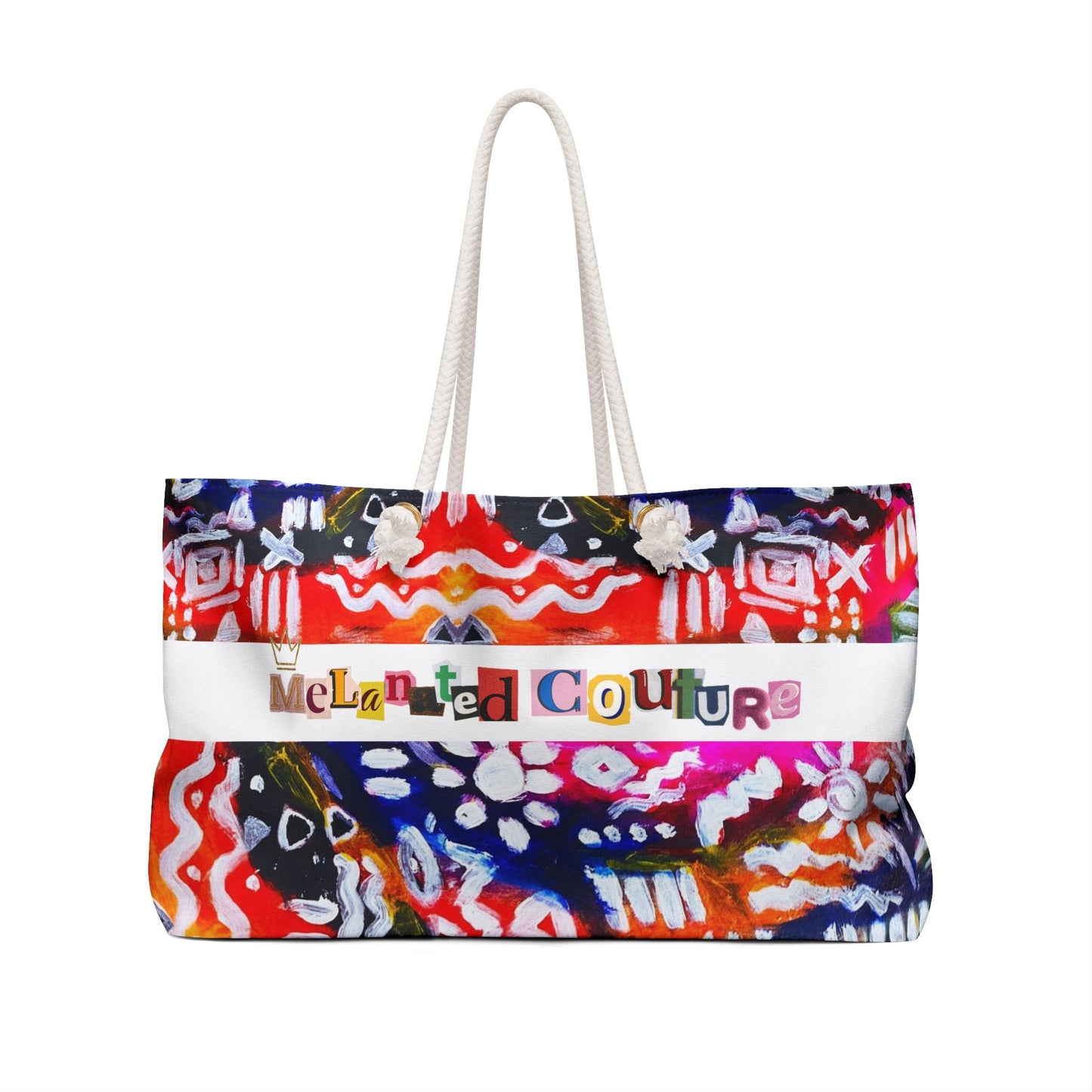 Colorful Tribal Patterned Weekender Bag, Oversized, Durable Tote with Rope Handles for Beach & City Getaways, Unique Travel Gift