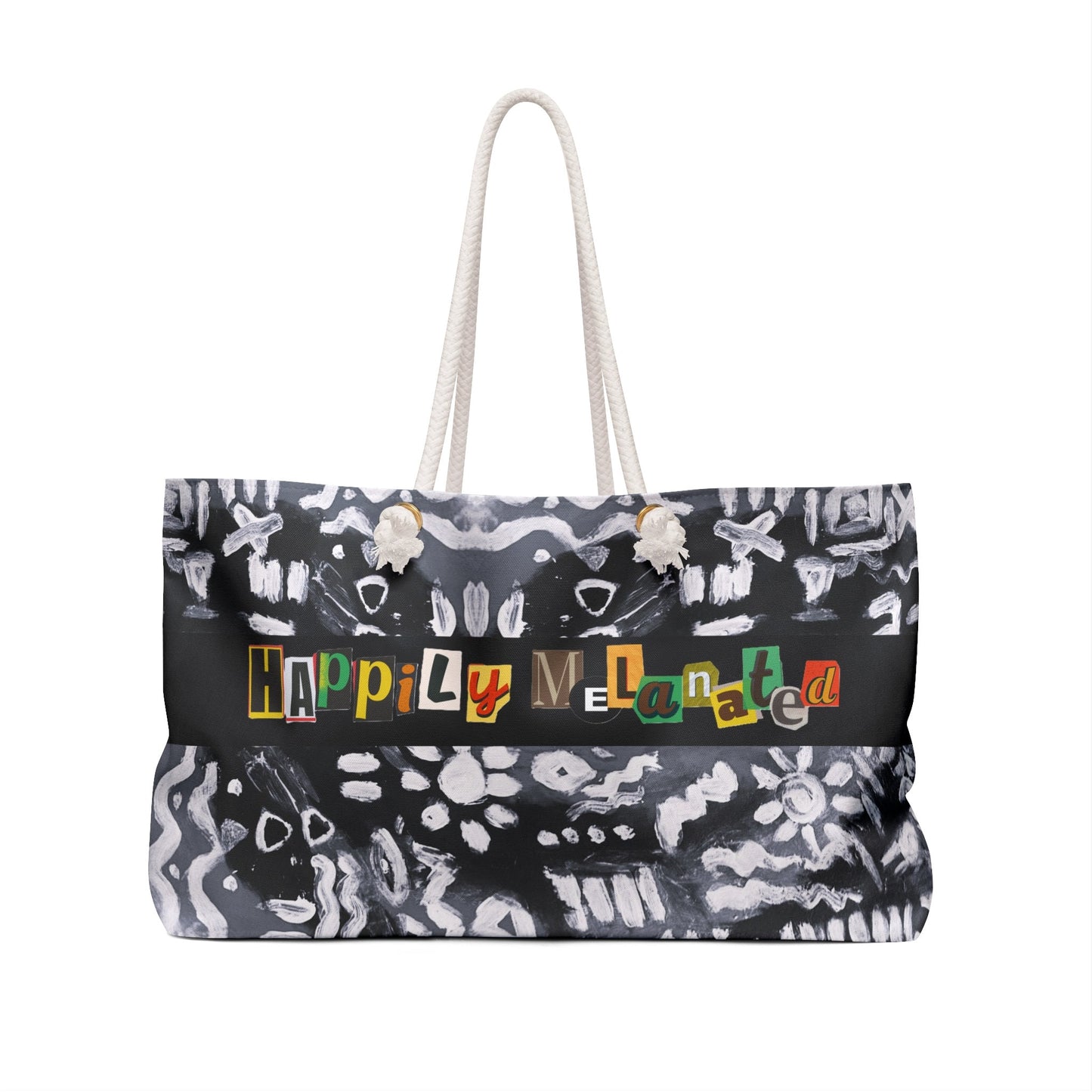 Tribal Patterned Weekender Bag, Oversized, Durable Tote with Rope Handles for Beach & City Getaways, Unique Travel Gift, Black and White