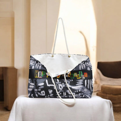 Tribal Patterned Weekender Bag, Oversized, Durable Tote with Rope Handles for Beach & City Getaways, Unique Travel Gift, Black and White