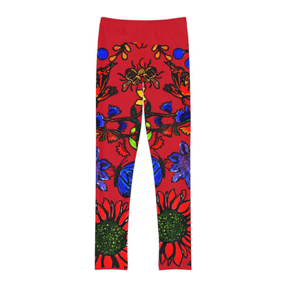 Hand Drawn Floral Art Youth Full-Length Leggings - Comfortable Stretchy with Elastic Waistband