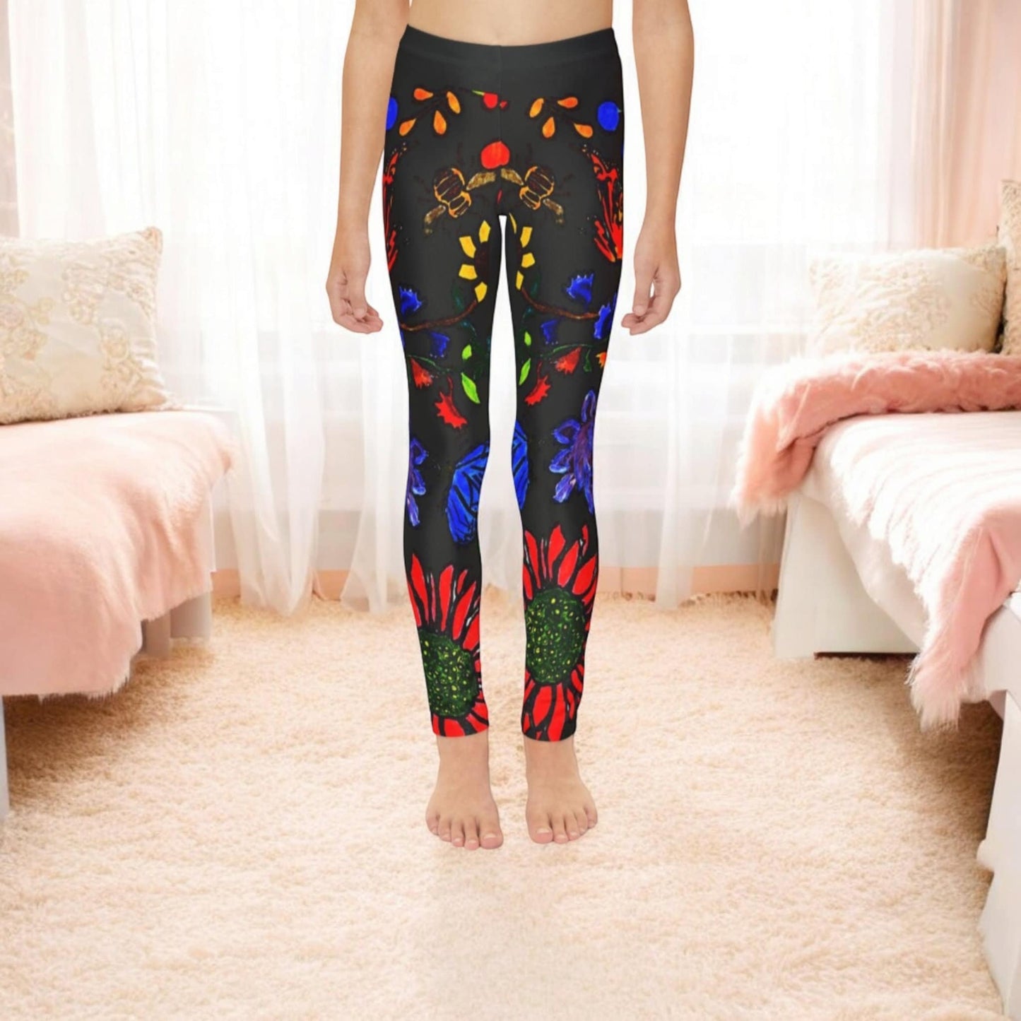 Hand Drawn Floral Youth Leggings - Soft Stretchy and Adjustable