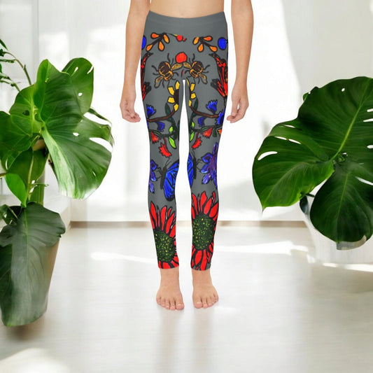 Hand Drawn Floral Art on Youth Full-Length Leggings - Comfortable Soft and Stretchy Childrens Leggings with Elastic Waistband