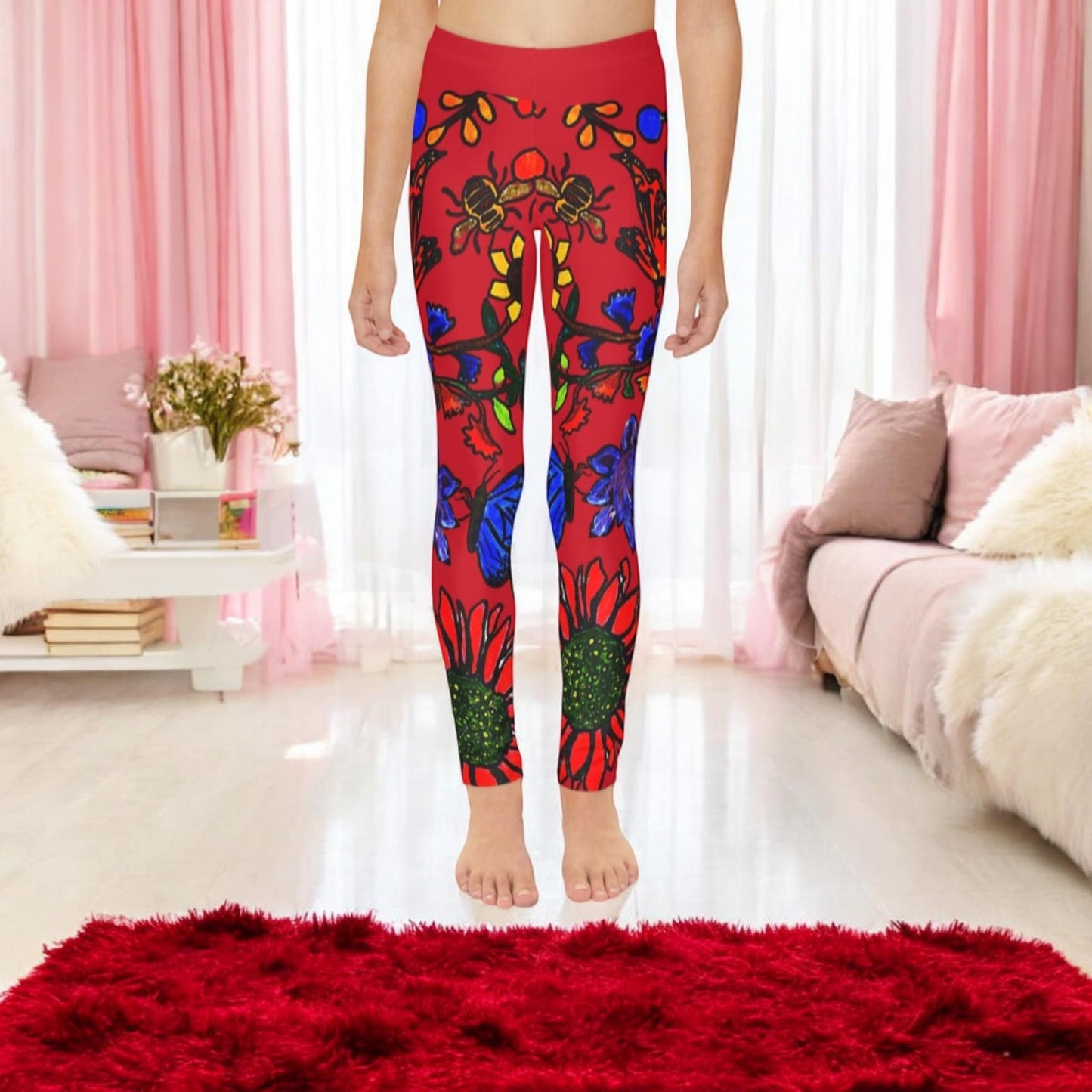 Hand Drawn Floral Art Youth Full-Length Leggings - Comfortable Stretchy with Elastic Waistband