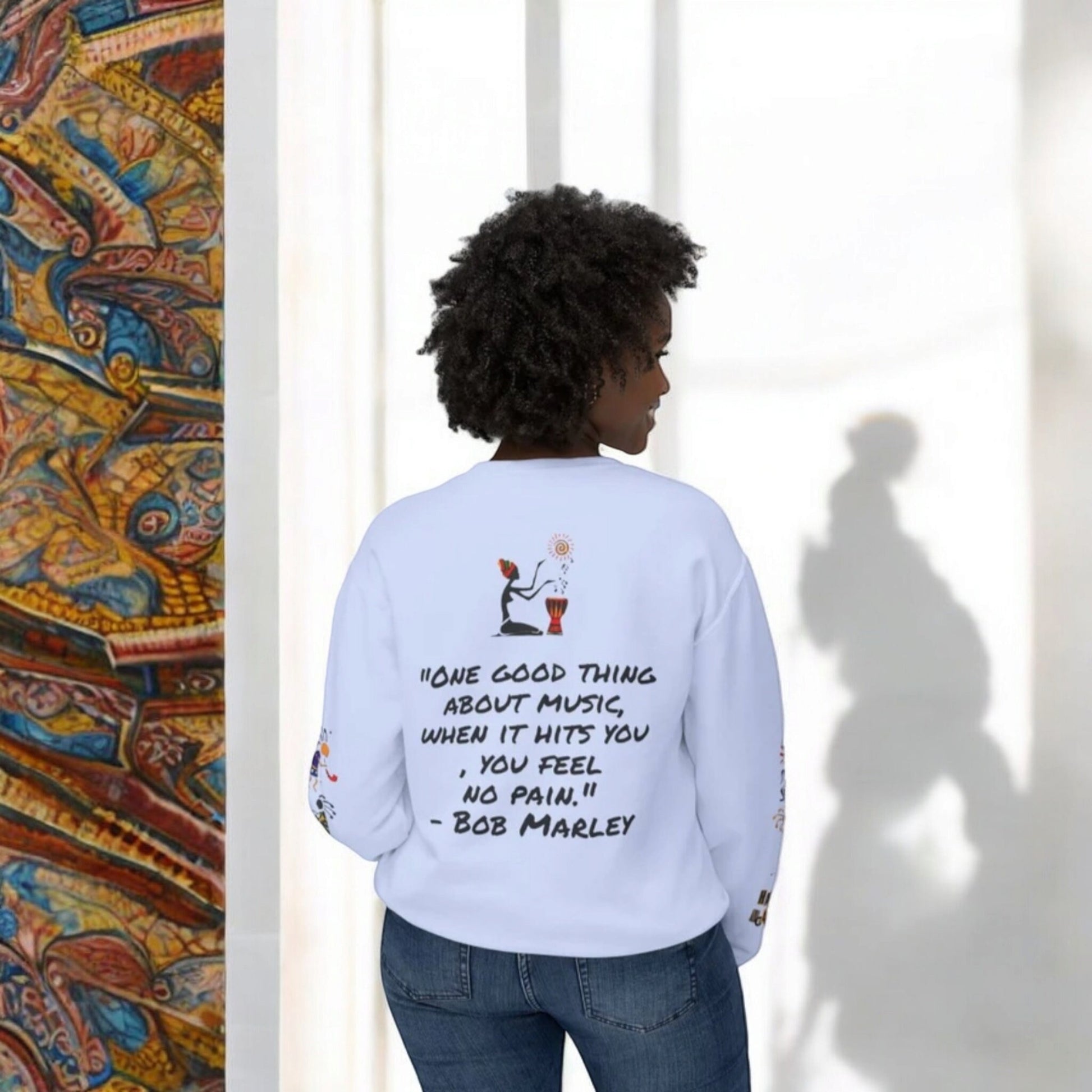 Hand-Drawn Afro Music Graphic Sweatshirt - Unisex Lightweight Crewneck