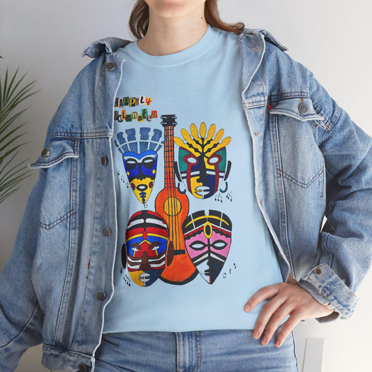 Guitar Art Tribal Masks Unisex Tee, Music Lover Graphic Shirt, Unique Handcrafted Tee