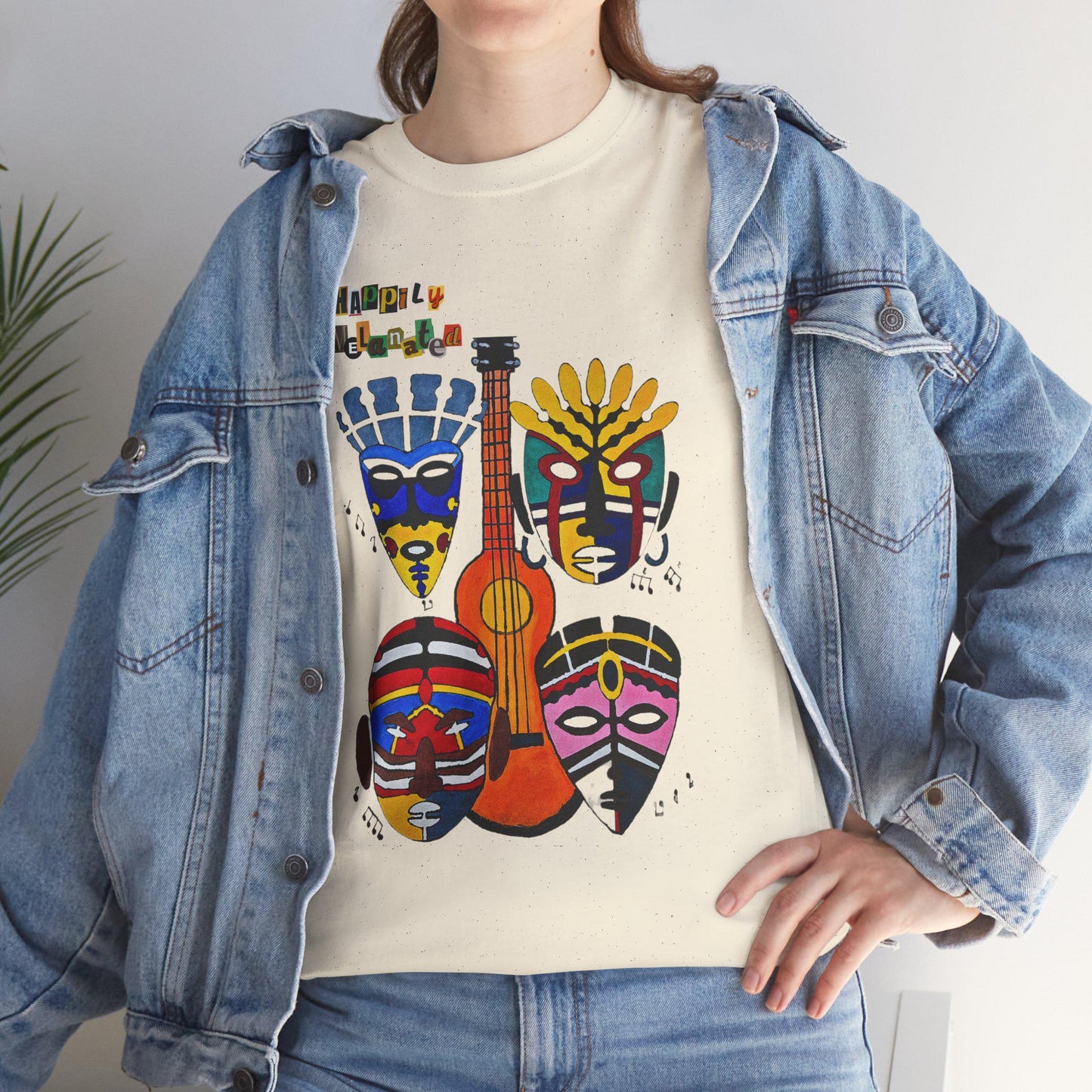 Guitar Art Tribal Masks Unisex Tee, Music Lover Graphic Shirt, Unique Handcrafted Tee