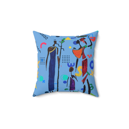 Ethnic Family Doodle Spun Polyester Square Pillow - Handcrafted Accent Throw Cushion