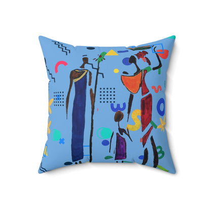 Ethnic Family Doodle Spun Polyester Square Pillow - Handcrafted Accent Throw Cushion