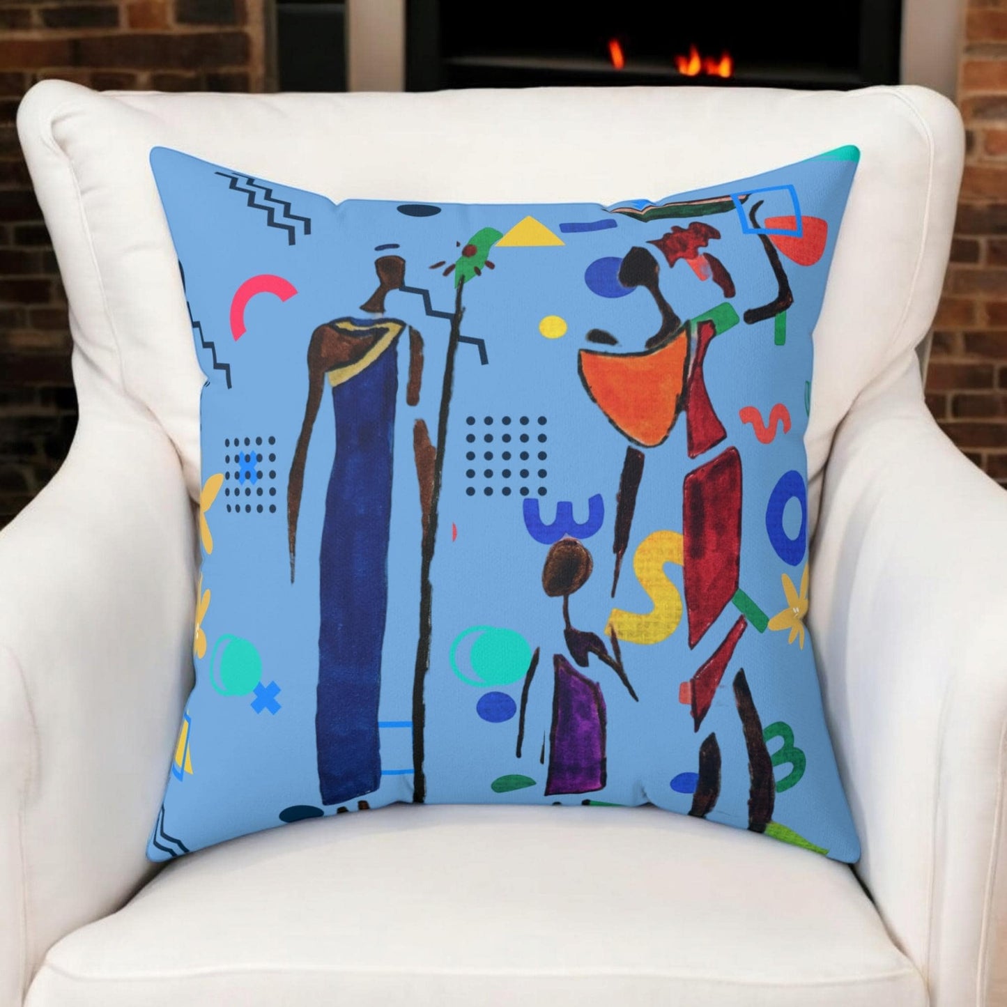 Ethnic Family Doodle Spun Polyester Square Pillow - Handcrafted Accent Throw Cushion