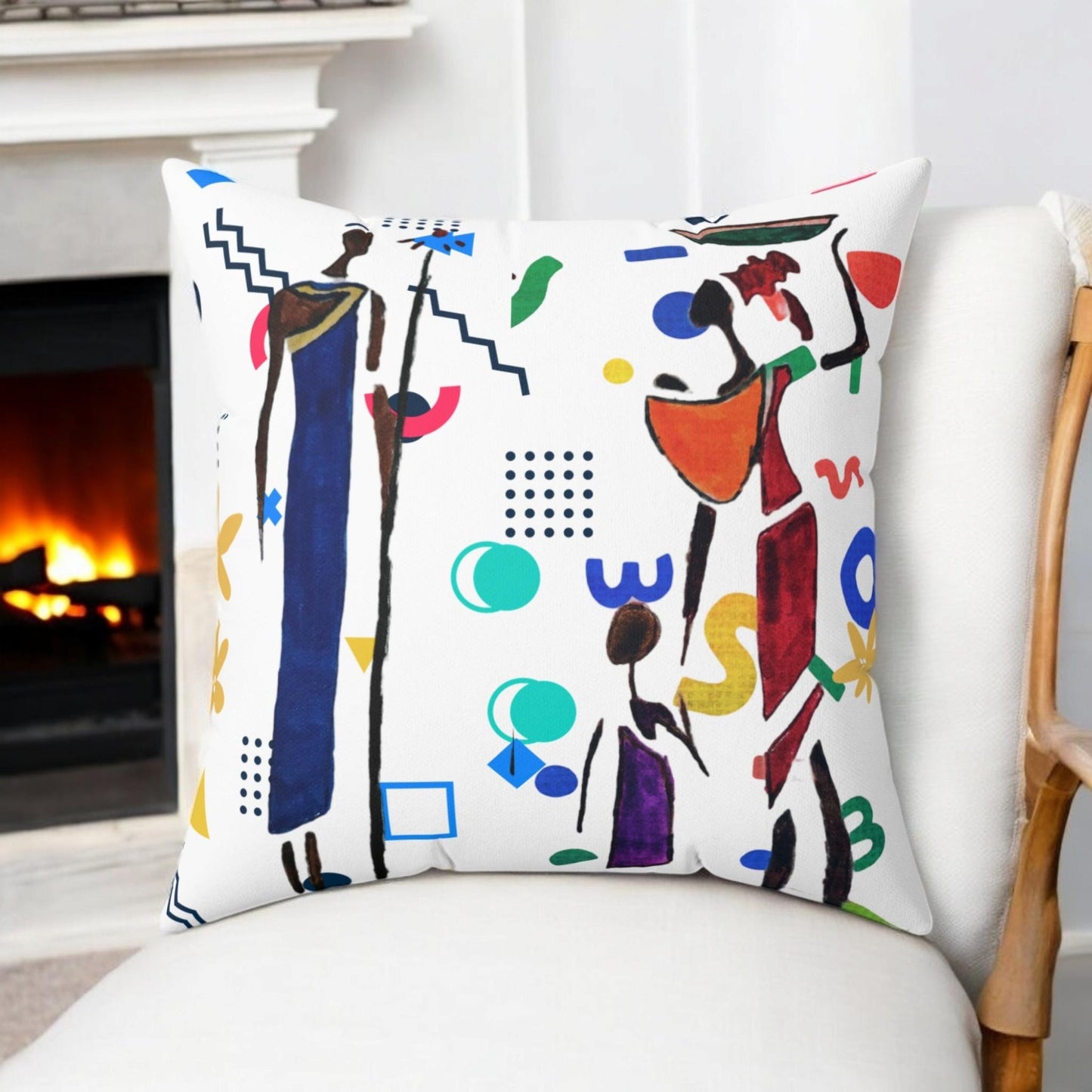 Ethnic Family Doodle Spun Polyester Square Pillow - Handcrafted Accent Throw Cushion