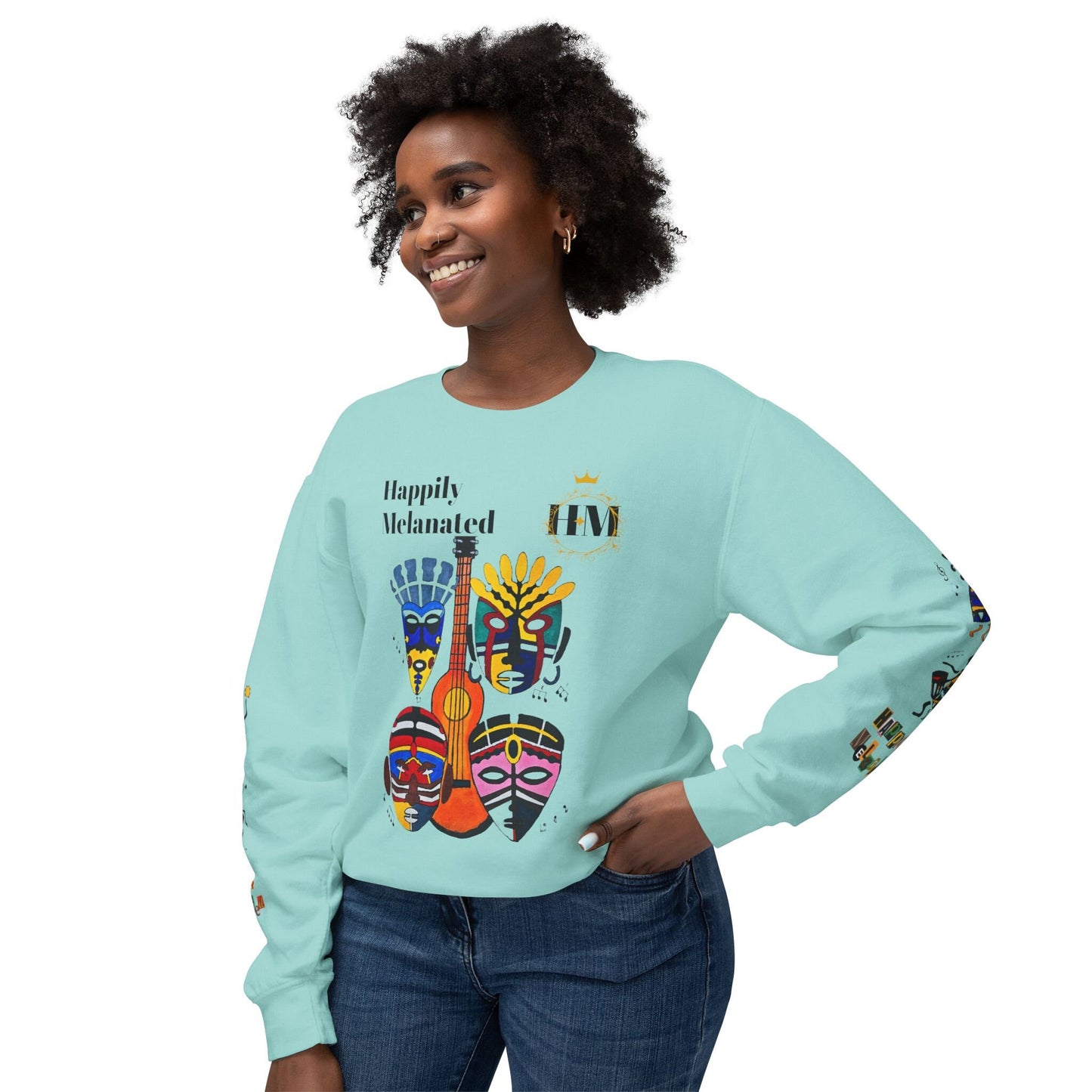 Hand-Drawn Afro Music Graphic Sweatshirt - Unisex Lightweight Crewneck