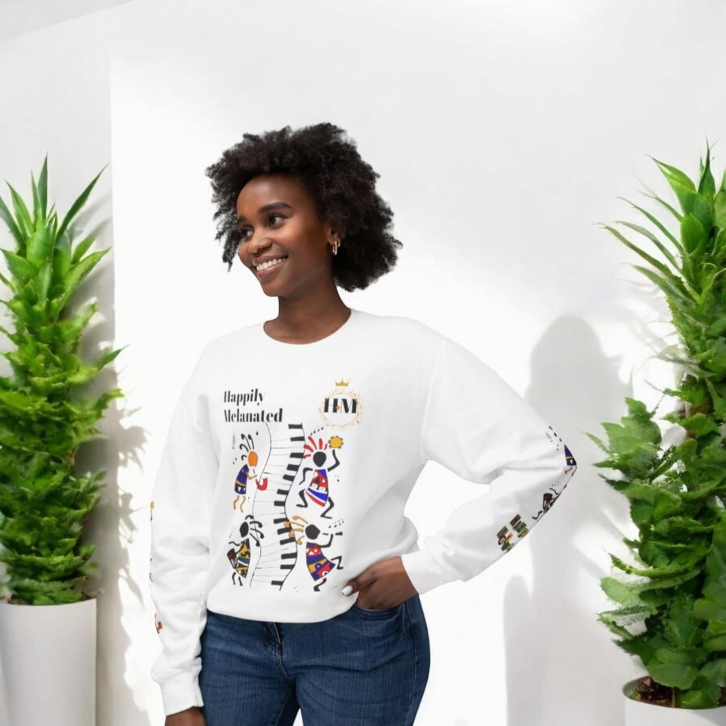 Hand-Drawn Afro Music Graphic Sweatshirt - Unisex Lightweight Crewneck