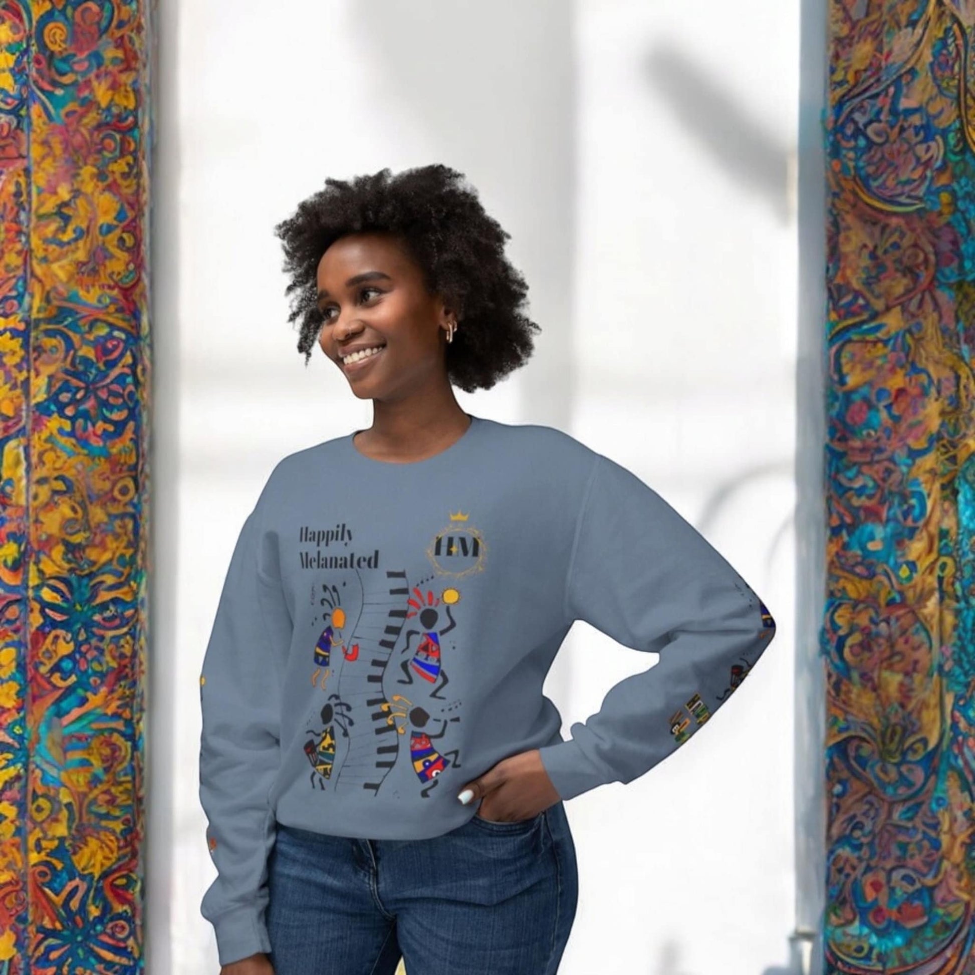 Hand-Drawn Afro Music Graphic Sweatshirt - Unisex Lightweight Crewneck