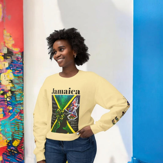 Hand-Drawn Afro Music Graphic Sweatshirt - Unisex Lightweight Crewneck, Jamaica Flag Art Sweatshirt