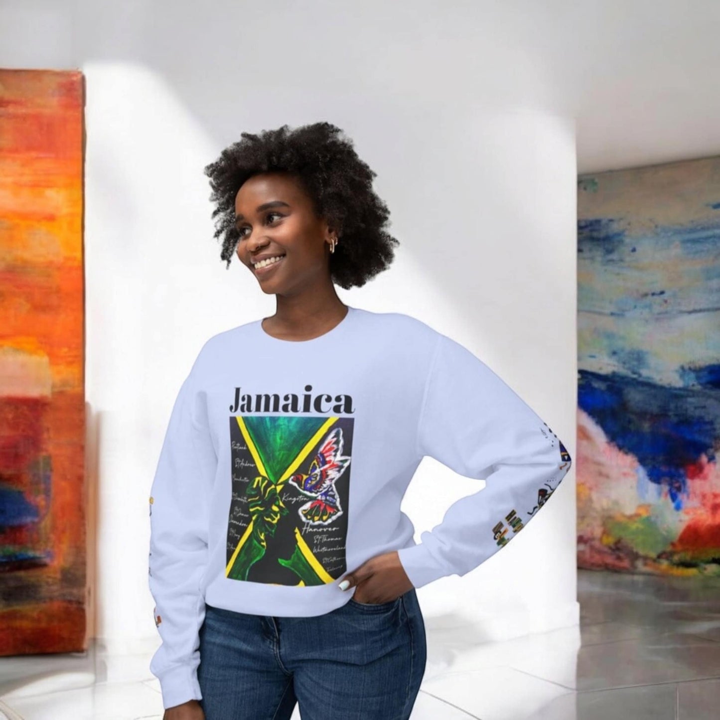 Hand-Drawn Afro Music Graphic Sweatshirt - Unisex Lightweight Crewneck, Jamaica Flag Art Sweatshirt