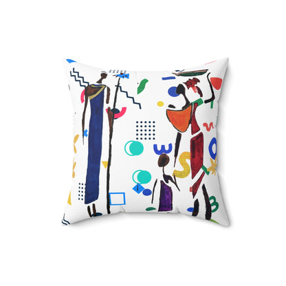 Ethnic Family Doodle Spun Polyester Square Pillow - Handcrafted Accent Throw Cushion