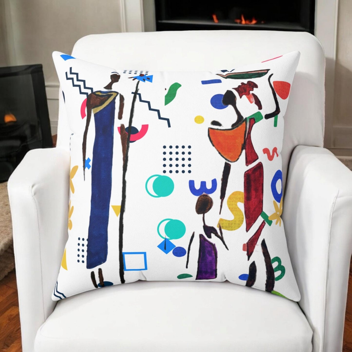 Ethnic Family Doodle Spun Polyester Square Pillow - Handcrafted Accent Throw Cushion