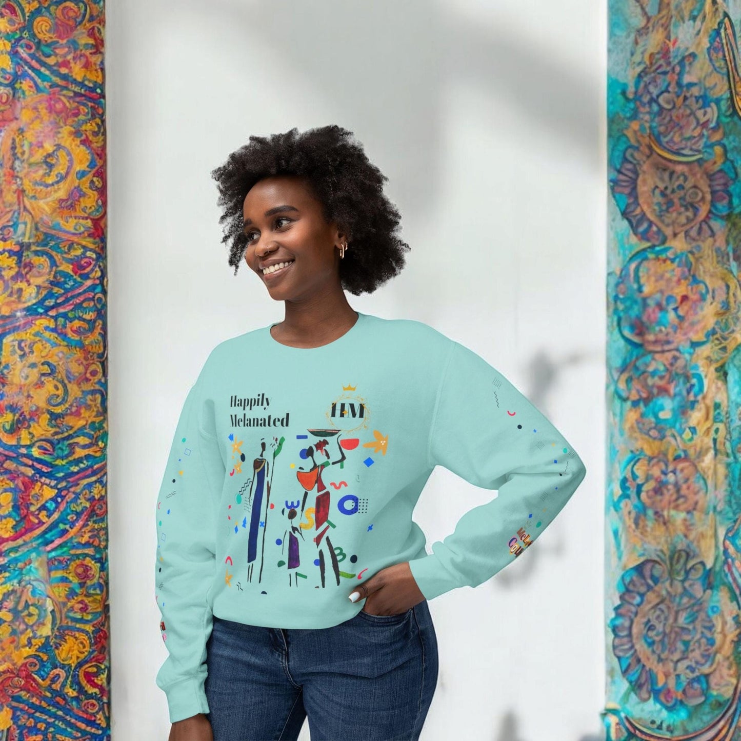 Bold Ethnic Unisex Light Weight Crewneck, Hand-drawn Tribal Family Doodle Design